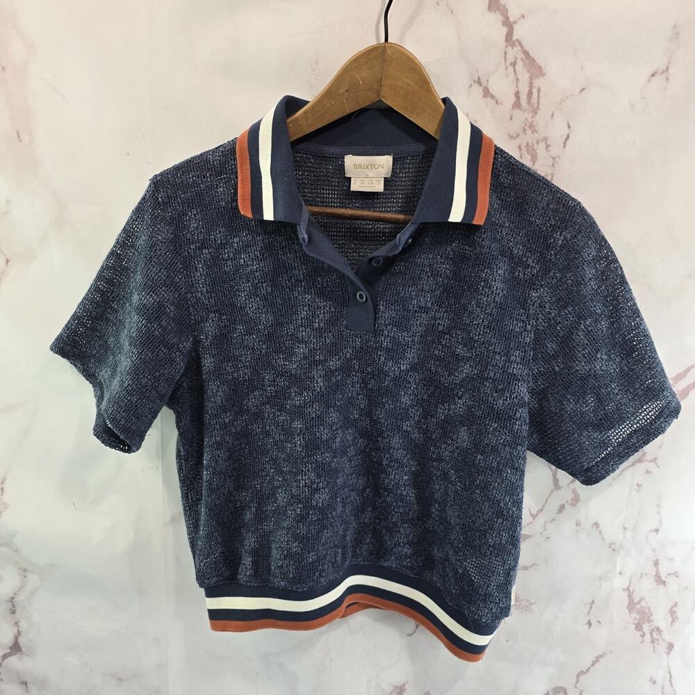 Brixton Shirt Womens Small Blue Polo Short Boxy Stripe Retro Mesh Textured